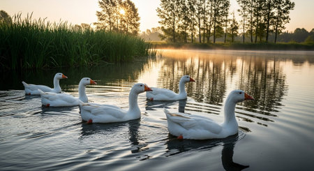 Traditional Farm Animals Grazing in Green Pasture at Sunset, Rural Countryside Landscape.の写真素材