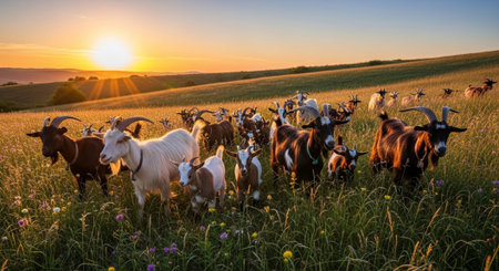 Traditional Farm Animals Grazing in Green Pasture at Sunset, Rural Countryside Landscape.