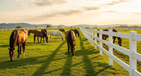 Traditional Farm Animals Grazing in Green Pasture at Sunset, Rural Countryside Landscape.