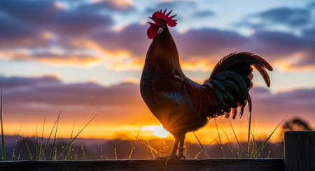 Traditional Farm Animals Grazing in Green Pasture at Sunset, Rural Countryside Landscape.の写真素材