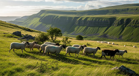 Traditional Farm Animals Grazing in Green Pasture at Sunset, Rural Countryside Landscape.の写真素材