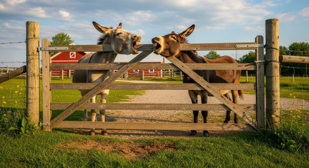 Traditional Farm Animals Grazing in Green Pasture at Sunset, Rural Countryside Landscape.の写真素材