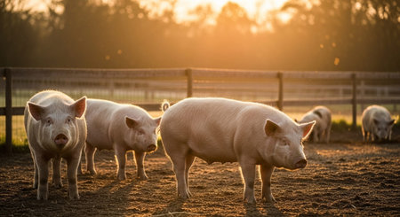 Traditional Farm Animals Grazing in Green Pasture at Sunset, Rural Countryside Landscape.