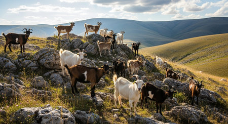 Traditional Farm Animals Grazing in Green Pasture at Sunset, Rural Countryside Landscape.の写真素材