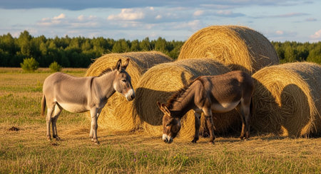 Traditional Farm Animals Grazing in Green Pasture at Sunset, Rural Countryside Landscape.