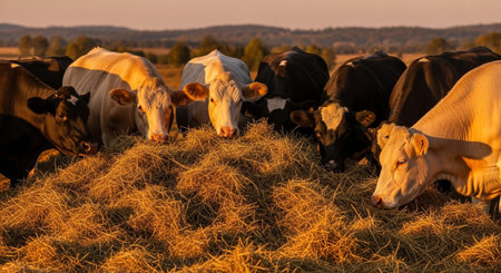 Traditional Farm Animals Grazing in Green Pasture at Sunset, Rural Countryside Landscape.の写真素材