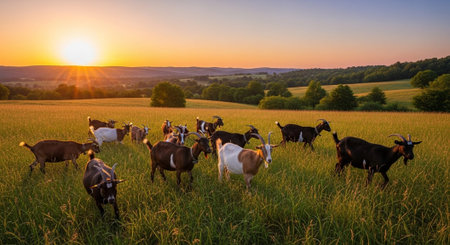 Traditional Farm Animals Grazing in Green Pasture at Sunset, Rural Countryside Landscape.の写真素材