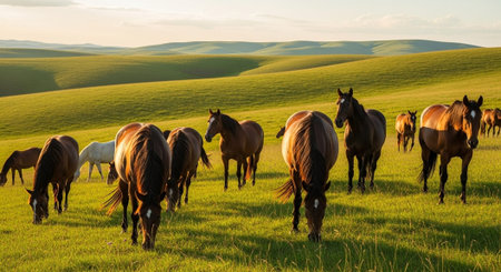 Traditional Farm Animals Grazing in Green Pasture at Sunset, Rural Countryside Landscape.
