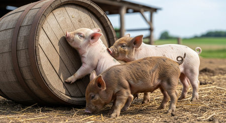 Traditional Farm Animals Grazing in Green Pasture at Sunset, Rural Countryside Landscape.の写真素材