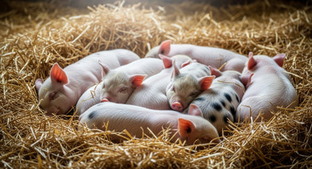 Traditional Farm Animals Grazing in Green Pasture at Sunset, Rural Countryside Landscape.の写真素材
