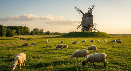 Traditional Farm Animals Grazing in Green Pasture at Sunset, Rural Countryside Landscape.