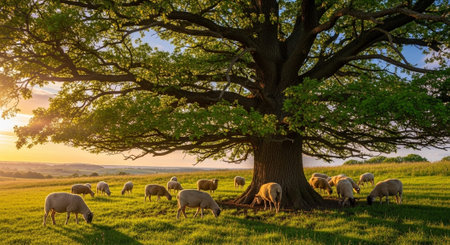 Traditional Farm Animals Grazing in Green Pasture at Sunset, Rural Countryside Landscape.
