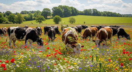 Traditional Farm Animals Grazing in Green Pasture at Sunset, Rural Countryside Landscape.