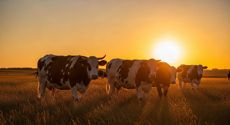 Traditional Farm Animals Grazing in Green Pasture at Sunset, Rural Countryside Landscape.