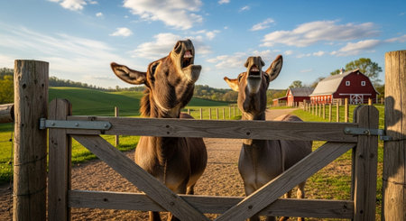 Traditional Farm Animals Grazing in Green Pasture at Sunset, Rural Countryside Landscape.の写真素材
