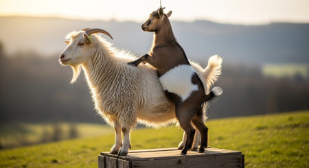 Traditional Farm Animals Grazing in Green Pasture at Sunset, Rural Countryside Landscape.