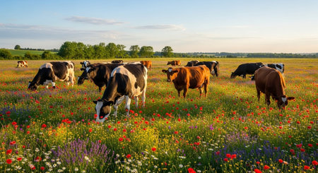 Traditional Farm Animals Grazing in Green Pasture at Sunset, Rural Countryside Landscape.の写真素材
