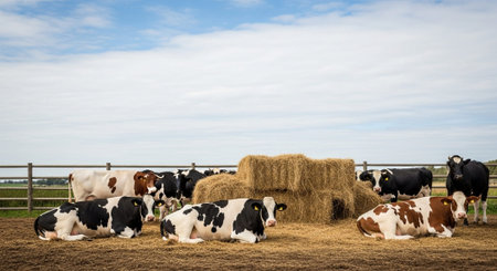 Traditional Farm Animals Grazing in Green Pasture at Sunset, Rural Countryside Landscape.の写真素材