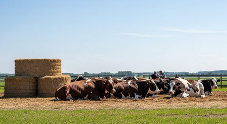 Traditional Farm Animals Grazing in Green Pasture at Sunset, Rural Countryside Landscape.の写真素材