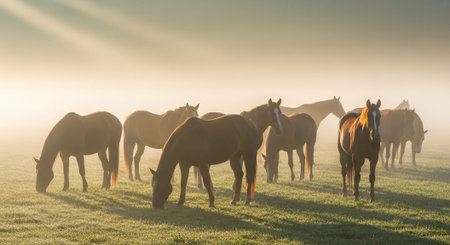 Traditional Farm Animals Grazing in Green Pasture at Sunset, Rural Countryside Landscape.の写真素材