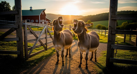 Traditional Farm Animals Grazing in Green Pasture at Sunset, Rural Countryside Landscape.の写真素材