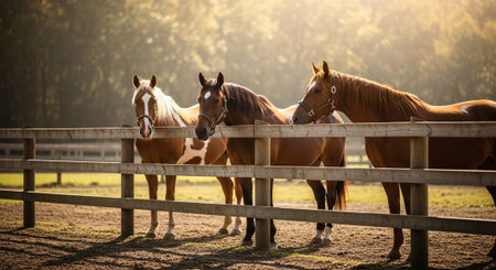 Traditional Farm Animals Grazing in Green Pasture at Sunset, Rural Countryside Landscape.の写真素材