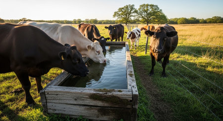 Traditional Farm Animals Grazing in Green Pasture at Sunset, Rural Countryside Landscape.の写真素材