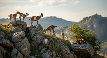 Traditional Farm Animals Grazing in Green Pasture at Sunset, Rural Countryside Landscape.の写真素材
