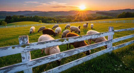 Traditional Farm Animals Grazing in Green Pasture at Sunset, Rural Countryside Landscape.