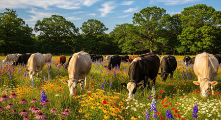 Traditional Farm Animals Grazing in Green Pasture at Sunset, Rural Countryside Landscape.の写真素材