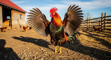 Traditional Farm Animals Grazing in Green Pasture at Sunset, Rural Countryside Landscape.の写真素材