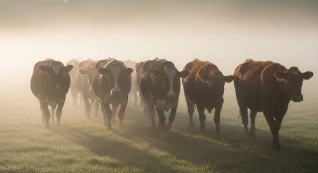 Traditional Farm Animals Grazing in Green Pasture at Sunset, Rural Countryside Landscape.