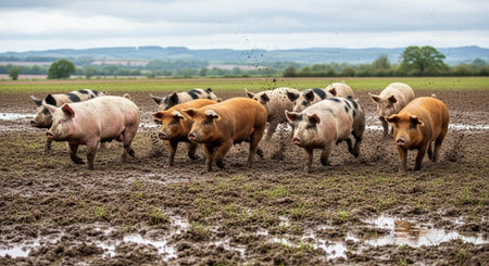 Traditional Farm Animals Grazing in Green Pasture at Sunset, Rural Countryside Landscape.