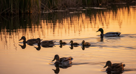 Traditional Farm Animals Grazing in Green Pasture at Sunset, Rural Countryside Landscape.の写真素材