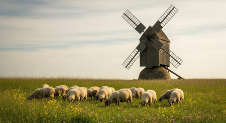 Traditional Farm Animals Grazing in Green Pasture at Sunset, Rural Countryside Landscape.の写真素材