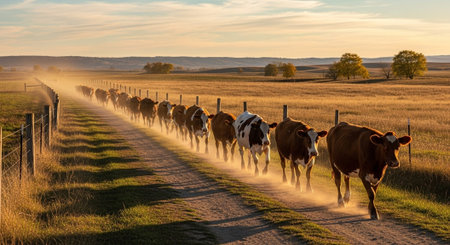 Traditional Farm Animals Grazing in Green Pasture at Sunset, Rural Countryside Landscape.の写真素材