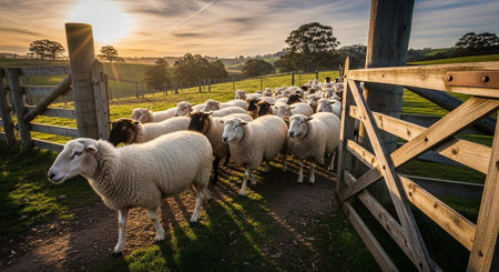 Traditional Farm Animals Grazing in Green Pasture at Sunset, Rural Countryside Landscape.の写真素材