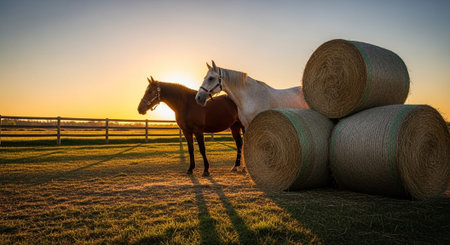 Traditional Farm Animals Grazing in Green Pasture at Sunset, Rural Countryside Landscape.