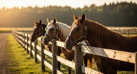 Traditional Farm Animals Grazing in Green Pasture at Sunset, Rural Countryside Landscape.