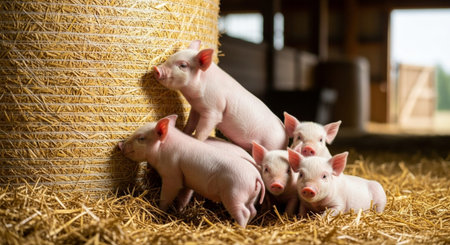 Traditional Farm Animals Grazing in Green Pasture at Sunset, Rural Countryside Landscape.の写真素材