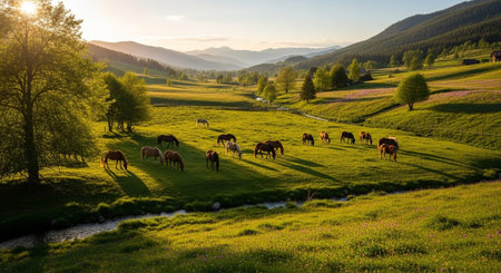 Traditional Farm Animals Grazing in Green Pasture at Sunset, Rural Countryside Landscape.の写真素材