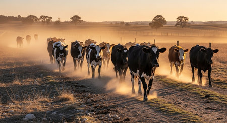 Traditional Farm Animals Grazing in Green Pasture at Sunset, Rural Countryside Landscape.の写真素材