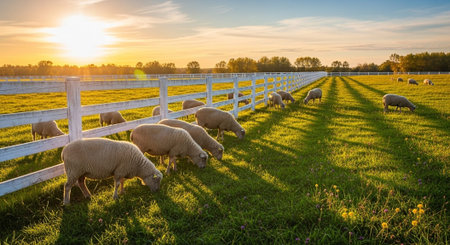 Traditional Farm Animals Grazing in Green Pasture at Sunset, Rural Countryside Landscape.