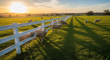 Traditional Farm Animals Grazing in Green Pasture at Sunset, Rural Countryside Landscape.の写真素材