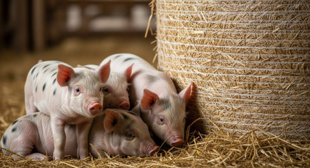 Traditional Farm Animals Grazing in Green Pasture at Sunset, Rural Countryside Landscape.の写真素材