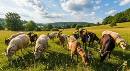 Traditional Farm Animals Grazing in Green Pasture at Sunset, Rural Countryside Landscape.の写真素材