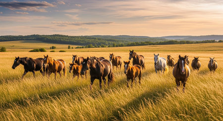 Traditional Farm Animals Grazing in Green Pasture at Sunset, Rural Countryside Landscape.の写真素材