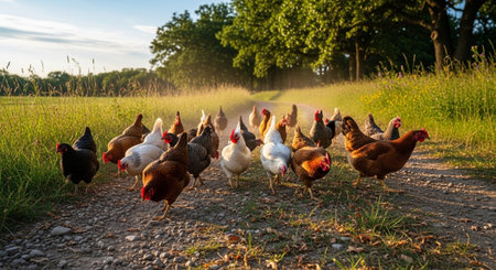 Traditional Farm Animals Grazing in Green Pasture at Sunset, Rural Countryside Landscape.