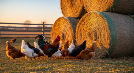 Traditional Farm Animals Grazing in Green Pasture at Sunset, Rural Countryside Landscape.の写真素材