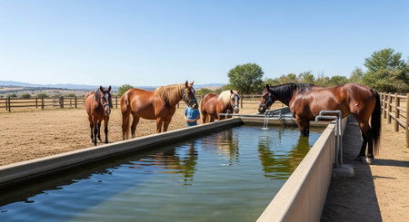 Traditional Farm Animals Grazing in Green Pasture at Sunset, Rural Countryside Landscape.の写真素材